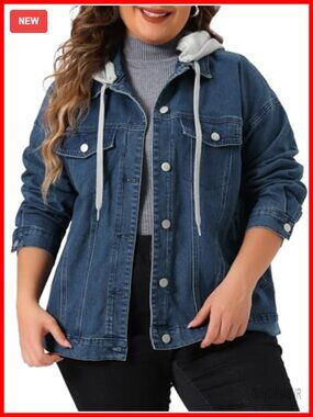Plus Size Denim Jacket with Detachable Hood, Stretchy, Button Down